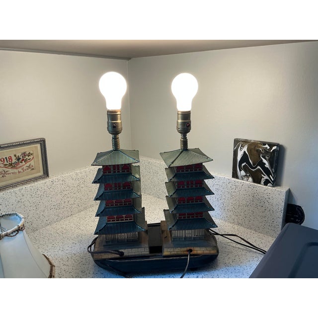 Mid-Century Modern 1940s Enameled Metal Pagoda Lamps - A Pair For Sale - Image 3 of 8