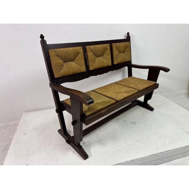 Brown Vintage French Rush Seat Bench, 1950s For Sale - Image 8 of 17
