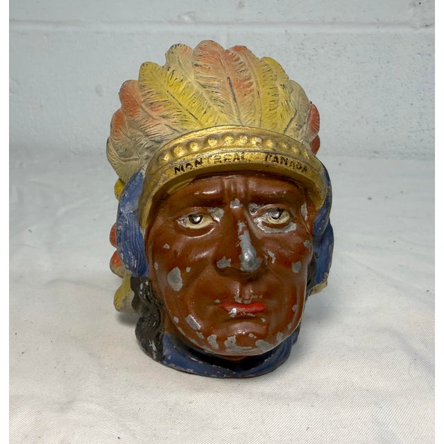 Figurative Rare Antique Native American Indian Chief Montreal White Metal Still Coin Bank For Sale - Image 3 of 12