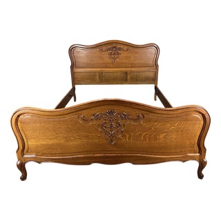 Vintage French Louis XVI Style Double Bed Frame in Oak with Carved Headboard For Sale