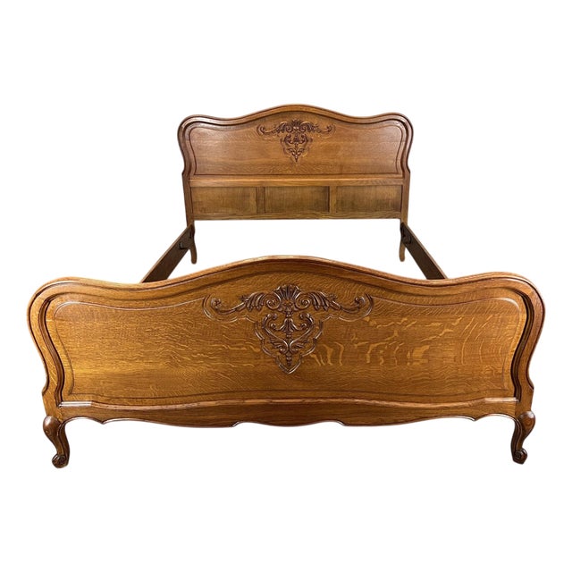 Vintage French Louis XVI Style Double Bed Frame in Oak with Carved Headboard For Sale