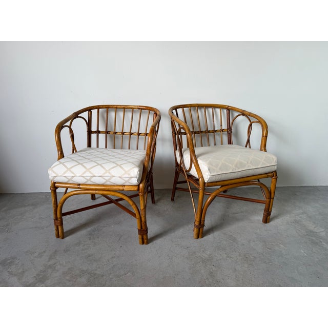 Boho Chic 1970's Vintage Coastal Bamboo Rattan Barrel Lounge Chairs - A Pair For Sale - Image 3 of 17