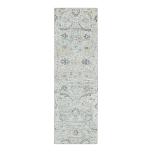 2010s Ivory, Hand Knotted Sickle Leaf Design, Soft Pile Silk With Textured Wool, Runner Oriental Rug