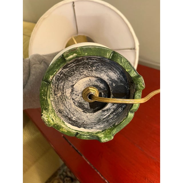 Wood White Milk Glass Table Lamp With Green Hand Painted Leaves Late 20th Century For Sale - Image 7 of 11