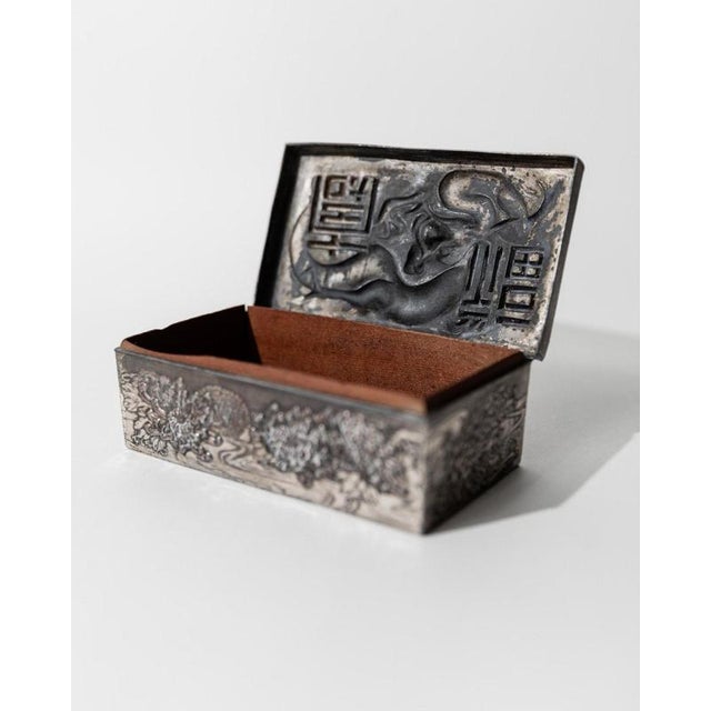 Vintage Japanese Silver-Plated Box with Dragon Motif and Wood Inlay, Early 19th Century For Sale - Image 3 of 17