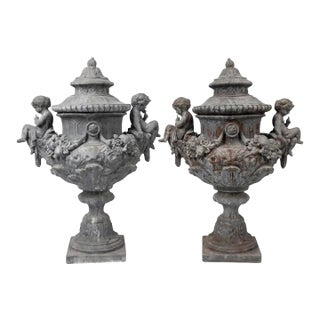 A Pair of Monumental 19th-Century Style English Cast Lead Garden Urns With Lids & Putti For Sale
