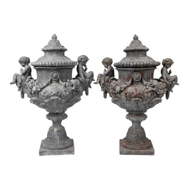 A Pair of Monumental 19th-Century Style English Cast Lead Garden Urns With Lids & Putti For Sale
