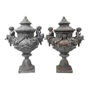 A Pair of Monumental 19th-Century Style English Cast Lead Garden Urns With Lids & Putti