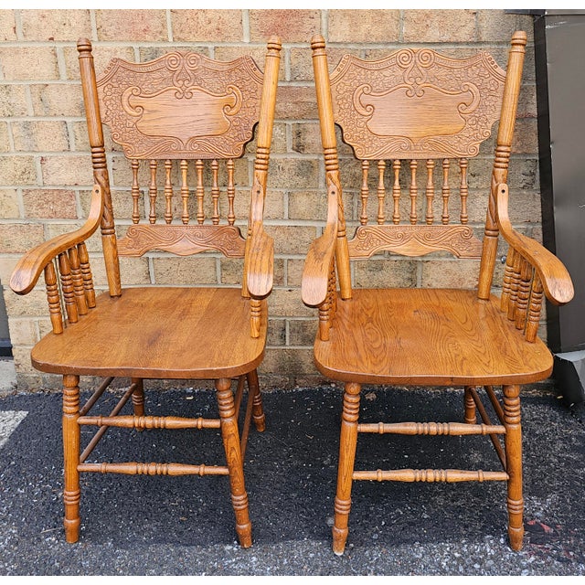 Pair Mid-Century Century Red Oak Pressback Armchairs For Sale - Image 4 of 4
