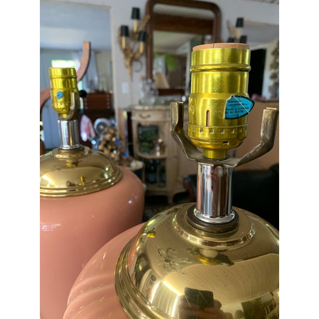 Metal Vintage Postmodern Peach Art Deco Revival Lamps a Pair For Sale - Image 7 of 8