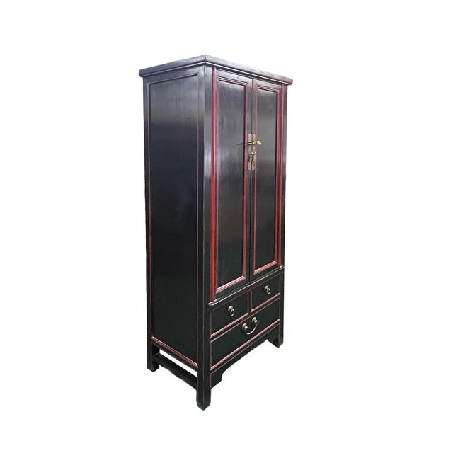 1990s Oriental Black Lacquer Red Trim Narrow Storage Accent Cabinet For Sale - Image 5 of 7