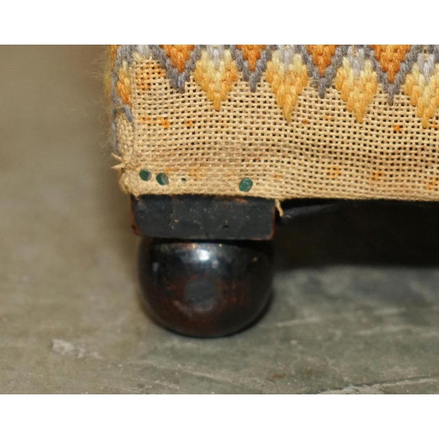 Early 19th Century Small Georgian English Country House Footstool with Embroidered Top Bun Feet, 1800s For Sale - Image 5 of 18