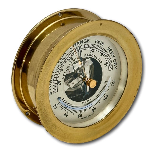 Fine Vintage Mid 20th Century Brass & Mahogany Ships Barometer & Thermometer by Esteemed Boston Maker "Chelsea" For Sale - Image 12 of 18
