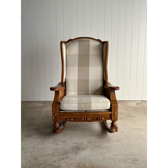 Studio Craft Oak Wingback Rocking Chair With Carved Rail, C. 1970s For Sale - Image 12 of 18