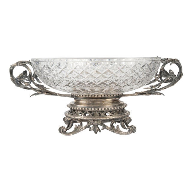 Large Napoleon III Crystal and Silver-Plated Bronze Bowl, 1800s For Sale
