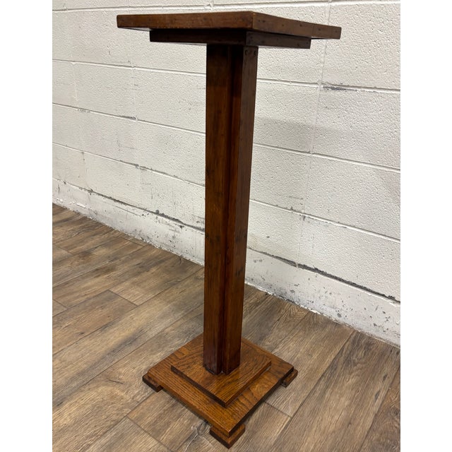 Brown Antique Mission Arts and Crafts Oak Pedestal Plant Stand Statue Pedestal For Sale - Image 8 of 9