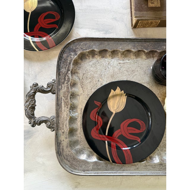 Fitz and Floyd Black Floral Salad Plates 1979 Vintage Porcelain 7.5 Inch - Set of 4 For Sale - Image 10 of 11