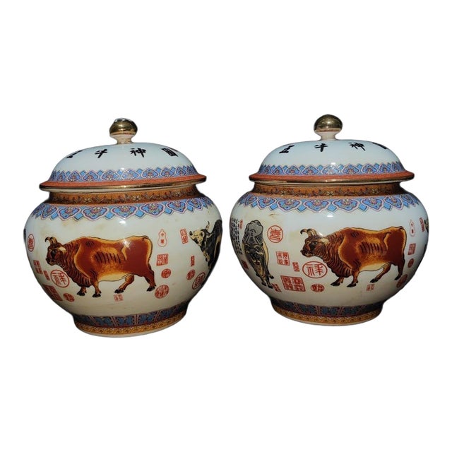 Pair of Chinese Famille Rose Porcelain Covered Jars With Five Oxen Motif For Sale