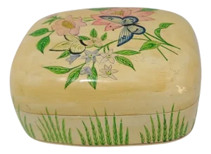 Mid 20th Century Vintage Bohemian Kashmir Lacquered Papier Mache Hand Painted Floral Butterfly Trinket Box