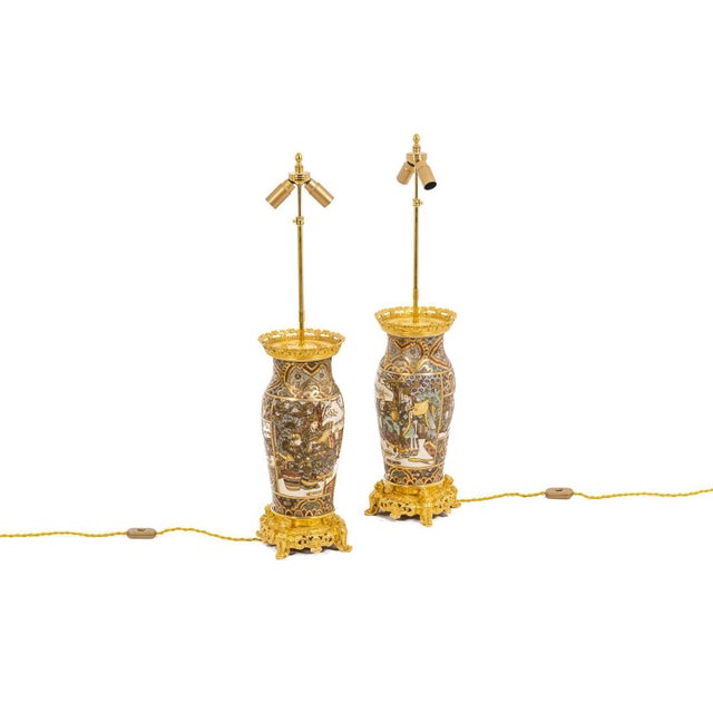 Satsuma Earthenware and Gilt Bronze Lamps, 1880s, in Good conditions. This piece is designed in the style of the selected...