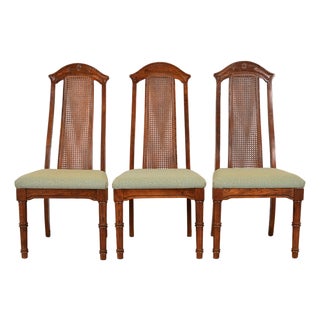 Henredon Style Mid-Century Hollywood Regency Carved Oak and Cane Bamboo Form High Back Side Chairs or Dining Chairs, Set of Three For Sale