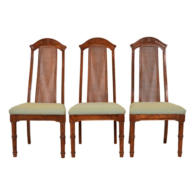 Henredon Style Mid-Century Hollywood Regency Carved Oak and Cane Bamboo Form High Back Side Chairs or Dining Chairs, Set of Three For Sale