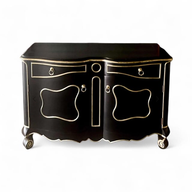 Late 20th-C. Modern French Louis XV Style Cabinet Black & Silver Gilt, Pair Available For Sale - Image 11 of 13