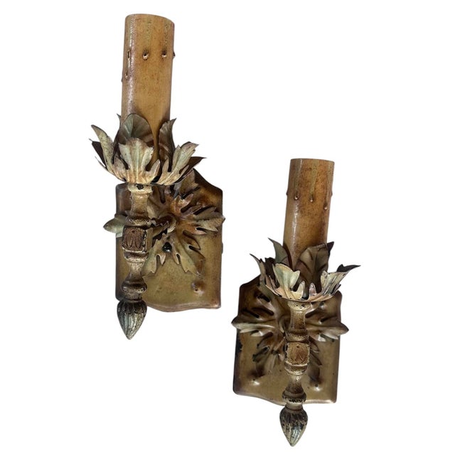 1920s 1920s Acorn and Leaf Motif, Original Painted Antique Sconces - a Pair For Sale - Image 5 of 5
