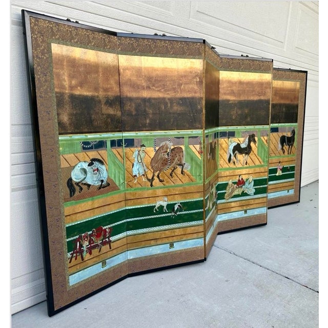 Early 20th Century Japanese Edo Style Six Panel Screen Horses in Stable For Sale - Image 10 of 12