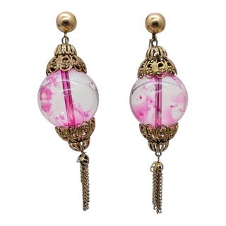 Vintage 1960s Signed Castlecliff Clear/Pink Glass Drop Dangle Clip Earrings- 2 Pieces For Sale