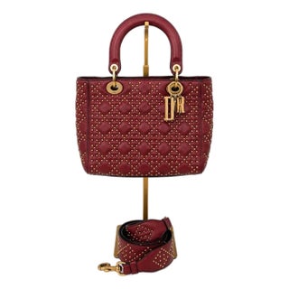 Christian Dior Medium Lady Dior Cannage Studded Burgundy Leather Bag With Strap For Sale