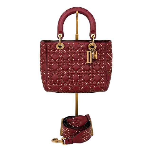 Christian Dior Medium Lady Dior Cannage Studded Burgundy Leather Bag With Strap For Sale