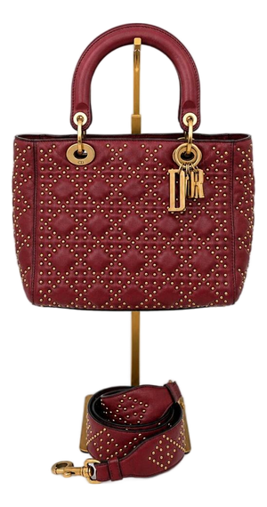Christian Dior Medium Lady Dior Cannage Studded Burgundy Leather Bag With Strap