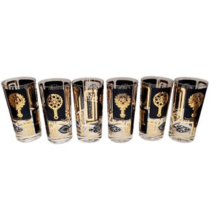 Mid-Century Black & Gold Cocktail Tumblers With Trivets- Set of 6 For Sale