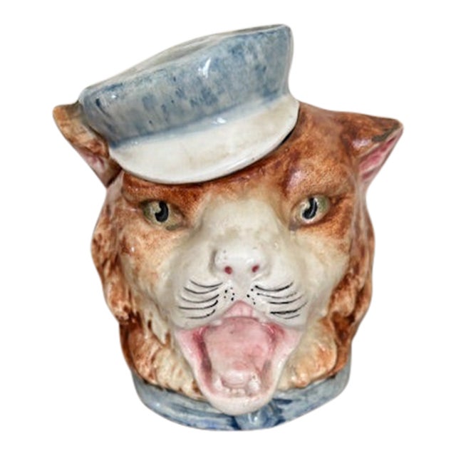 Antique Austrian Majolica Figural Cat Humidor or Tobacco Jar - Rare For Sale