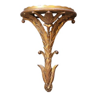 Neoclassical Antiqued Gold Gilt Carved Wooden Laurel Leaf Cornice Wall Art Shelf For Sale