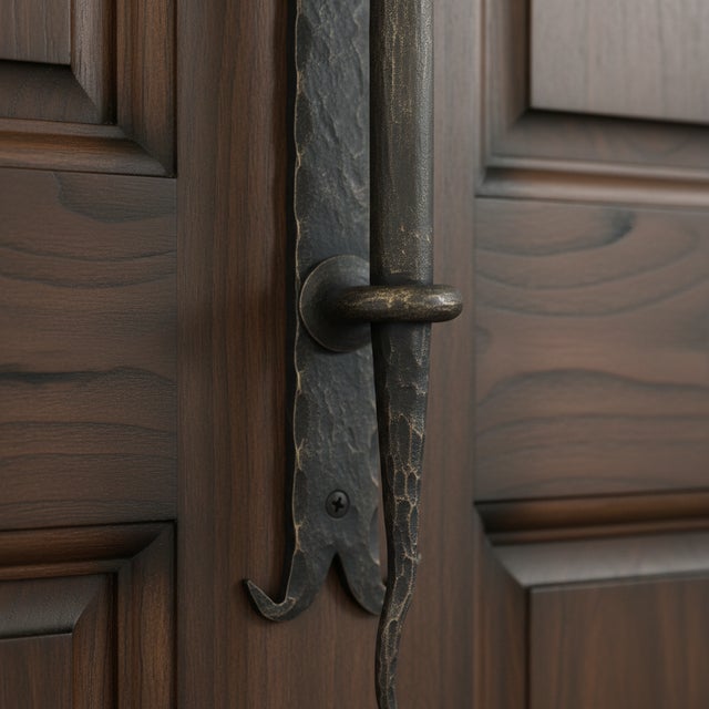 Metal Hand Forged Wrought Iron Door Pull Handle Gold Patina Classical Architectural Hardware For Sale - Image 7 of 8