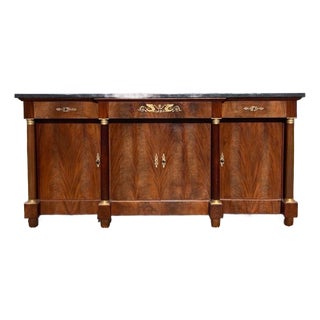 19th Century French Empire Flam Mahogany Marble Top Sideboard / Credenzas For Sale