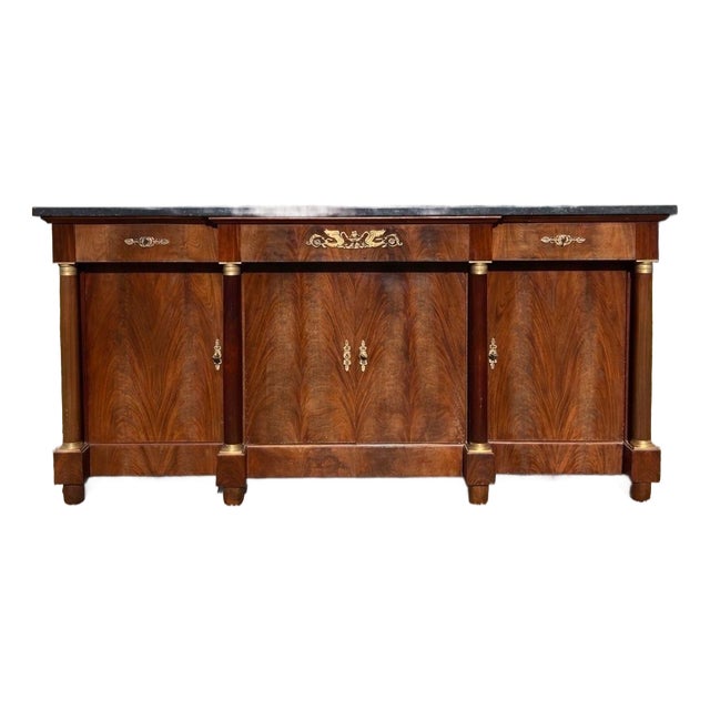 19th Century French Empire Flam Mahogany Marble Top Sideboard / Credenzas For Sale