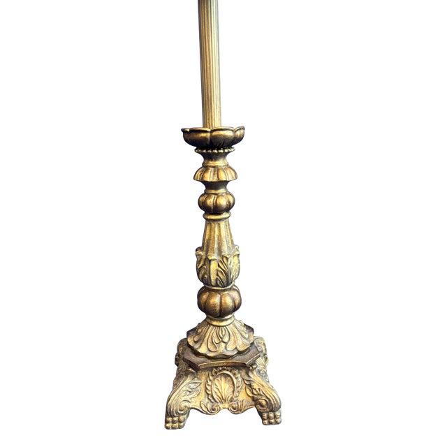 Rustic European Vintage Hollywood Regency Ornate Brass Table Lamps With Bell Shades - a Pair For Sale - Image 3 of 4