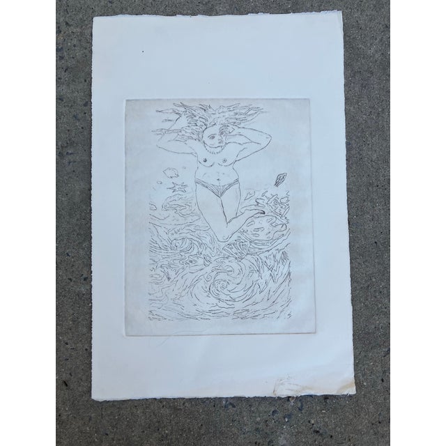 Abstract 1980’s Original Female Nude in Waves on Beach Etching Print For Sale - Image 3 of 4