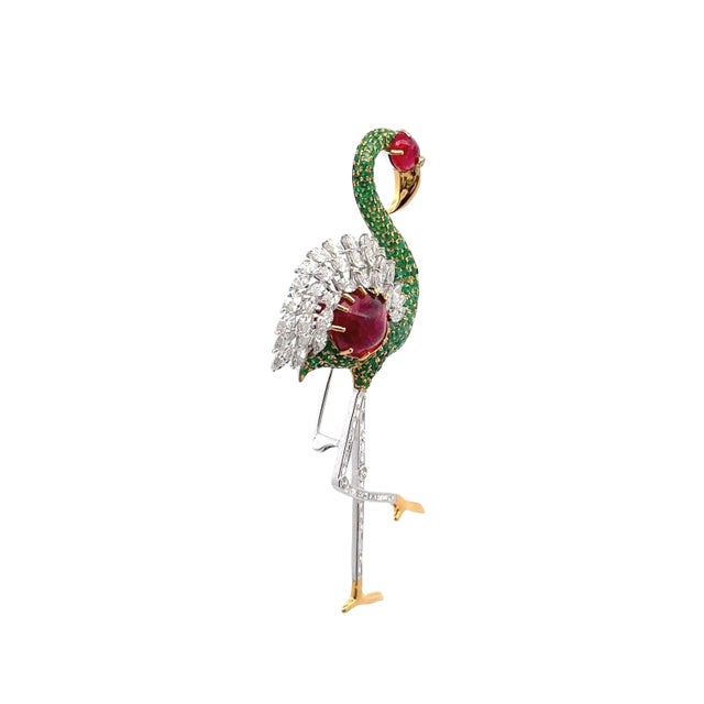 Burmese Spinel Emerald Diamond 18k White Yellow Gold Flamingo Brooch, Gia Cert For Sale - Image 4 of 8