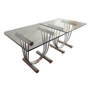 Chrome U Shape Bases Glass Square Top End Side Tables Stands - A Pair For Sale