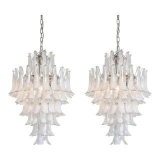 Contemporary Attributed to Mazzega Murano Glass Chandelier, Italy, 85 Handblown Glass Petals, 13 Lights - a Pair For Sale