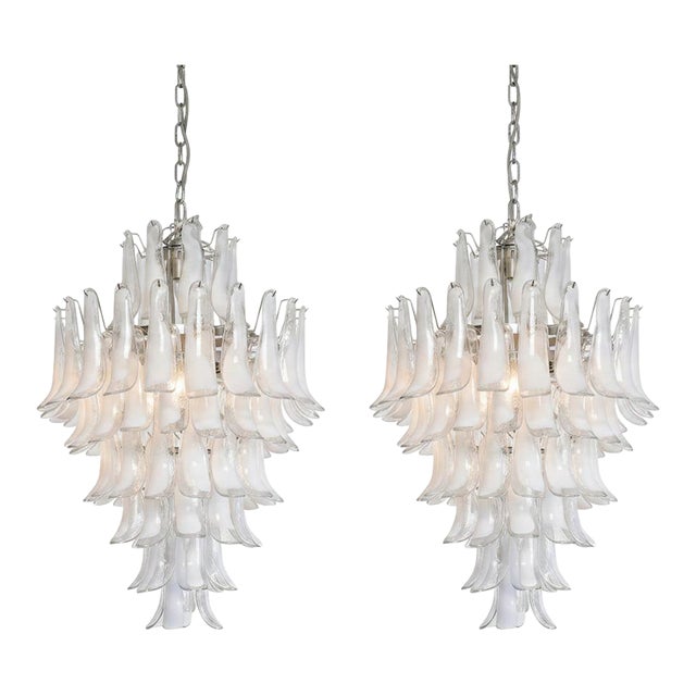 Contemporary Attributed to Mazzega Murano Glass Chandelier, Italy, 85 Handblown Glass Petals, 13 Lights - a Pair For Sale
