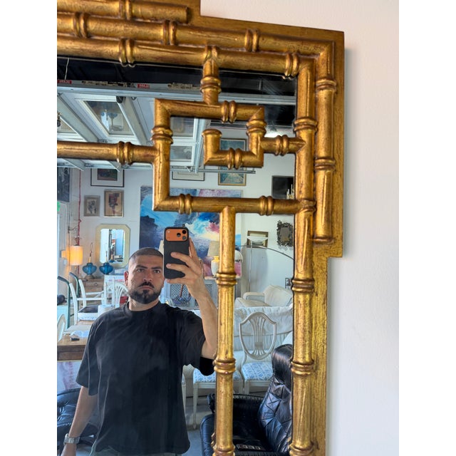 Wood 1970’s La Barge Hollywood Regency Faux Bamboo Gilt Greek Key Wall Mirror For Sale - Image 7 of 12