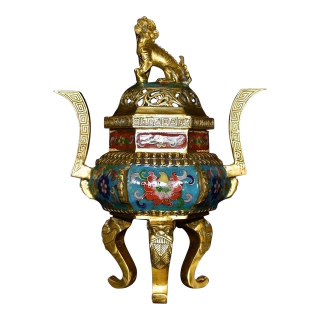 Vintage Cloisonne Enamel Incense Burner – 11.8" Gilt Lion Censer With Hexagonal Body For Sale