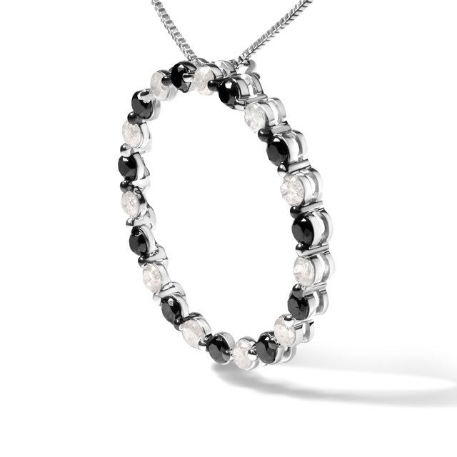 Contemporary .925 Sterling Silver 1 3/4 Cttw Alternating Black and White Diamond Open Circle Hoop Pendant Necklace For Sale - Image 3 of 5