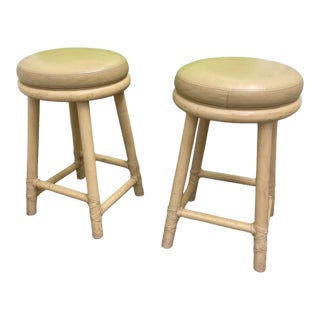 McGuire San Francisco Whitewashed Rattan Leather Stools, a Pair For Sale