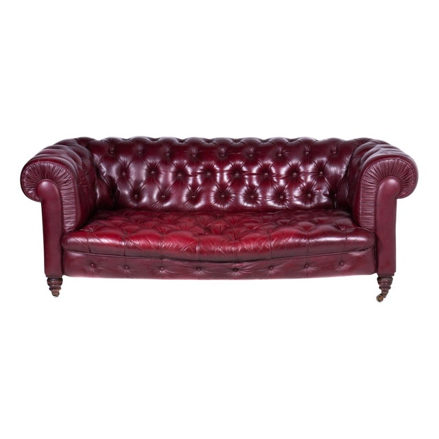 Victorian Chesterfield Sofa in Original Bordeaux Leather, 1800s For Sale